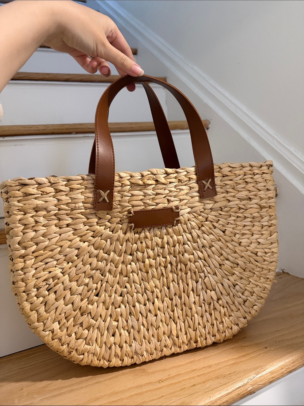 Woven Straw Tote Bag with Brown Leather Handles